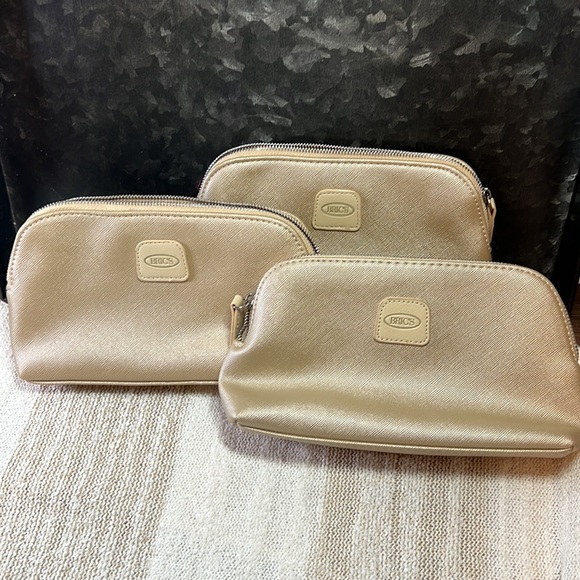 Brics Saffiano Crosshatch Leather Travel Toiletry Makeup Zip Top Bag Pouch Gold - Picture 7 of 7